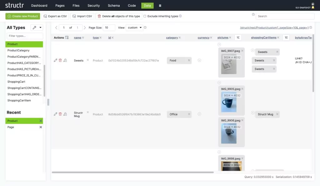 Structr Daten-Editor mit Tabellenansicht der Datensätze eines Typs