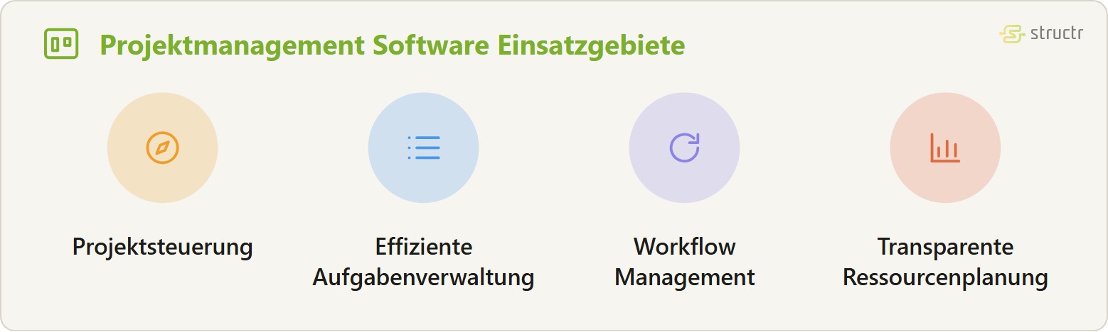 Icon-Reihe der Projektmanagement Software Einsatzgebiete: Projektsteuerung, Effiziente Aufgabenverwaltung, Workflow Management und Transparente Ressourcenplanung.
