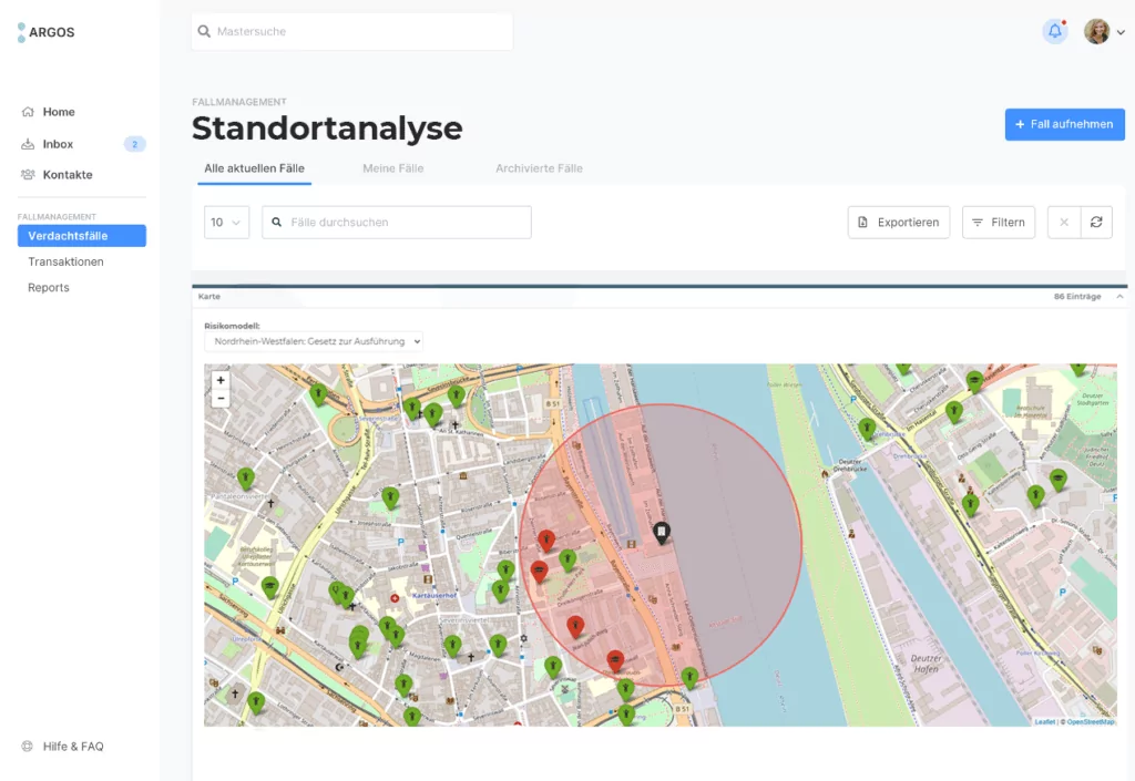 Standortanalyse im Fallmanagement von Kerberos: Karte mit den erfassten Standorten und dem Prüfradius um einen Verdachtsfall