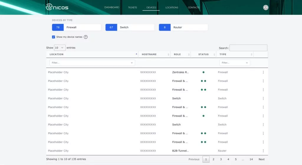 Geräteliste im nicos-Kundenportal: Firewalls, Switches und Router je Standort mit Rolle und Statusampel