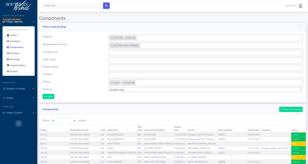 Komponentenliste des Projektmanagement-Tools: gefilterte Tabelle mit Verantwortlichen, Lieferanten, Bestelldaten und Status