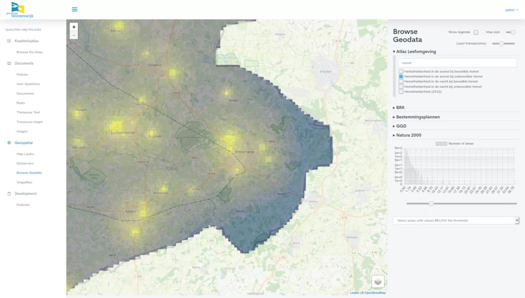 Geodatenbrowser des Atlas: Messdaten zur Umweltqualität als Ebene über der Karte des Gemeindegebiets, daneben die wählbaren Datenquellen