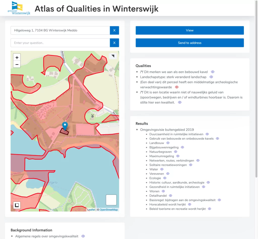 Atlas of Qualities in Winterswijk: zu einer eingegebenen Adresse die Karte des Grundstücks, die dort geltenden Qualitäten und die zugehörigen Leitlinien