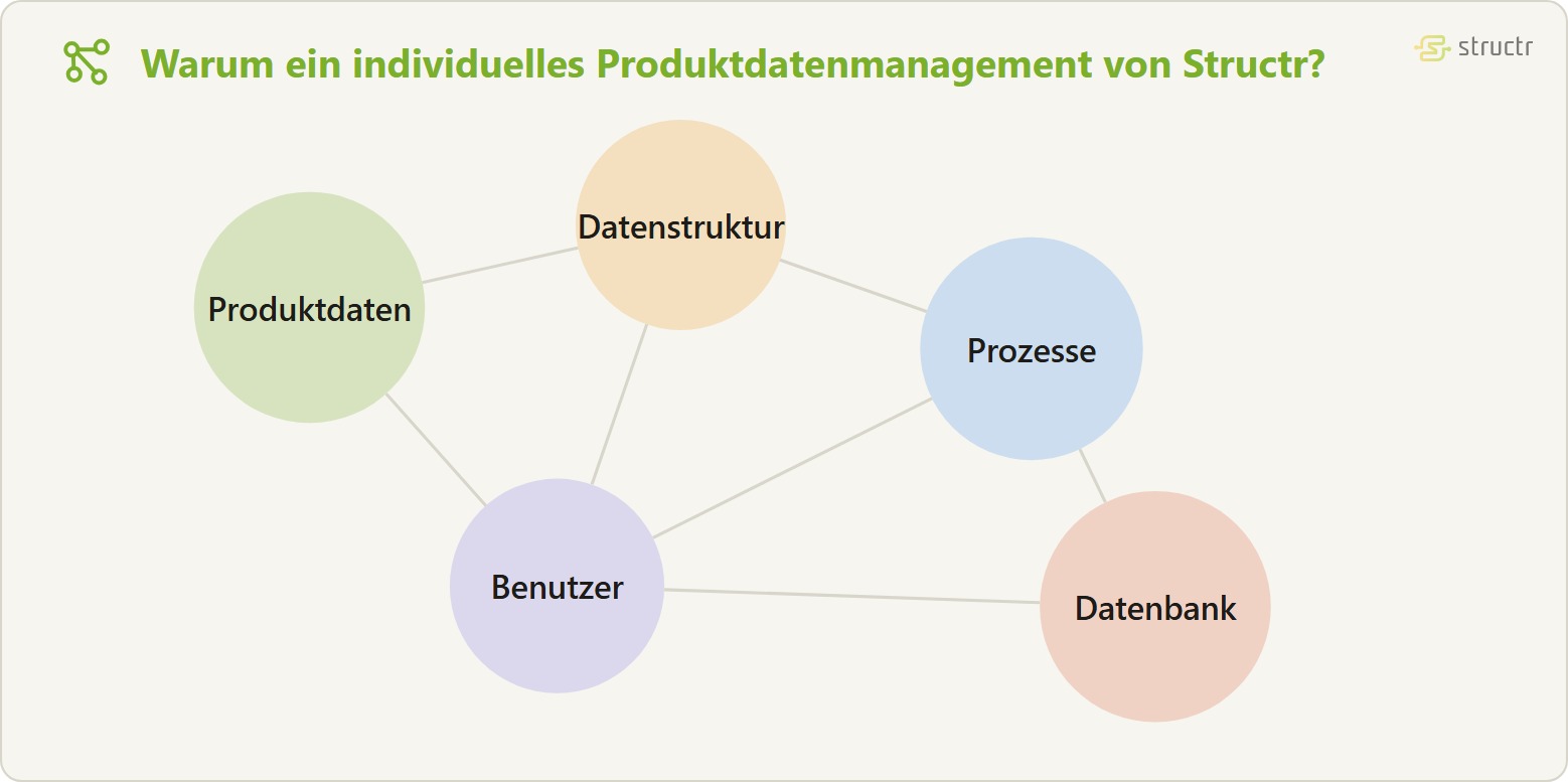 Objektgraph eines Produktdatenmanagement Systems: die Knoten Produktdaten, Datenstruktur, Prozesse, Benutzer und Datenbank sind ohne Hierarchie netzartig miteinander verknüpft.